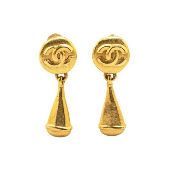 CHANEL CC Logos Teardrop Dangle Clip-On Earrings Gold Tone 96P Auth w/Box #12229 - Picture 1 of 4